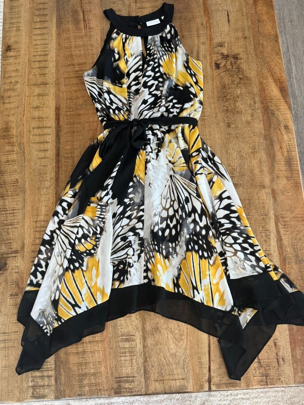 New York & Company Halter Dress Size S Butterfly Print Handkerchief Hem